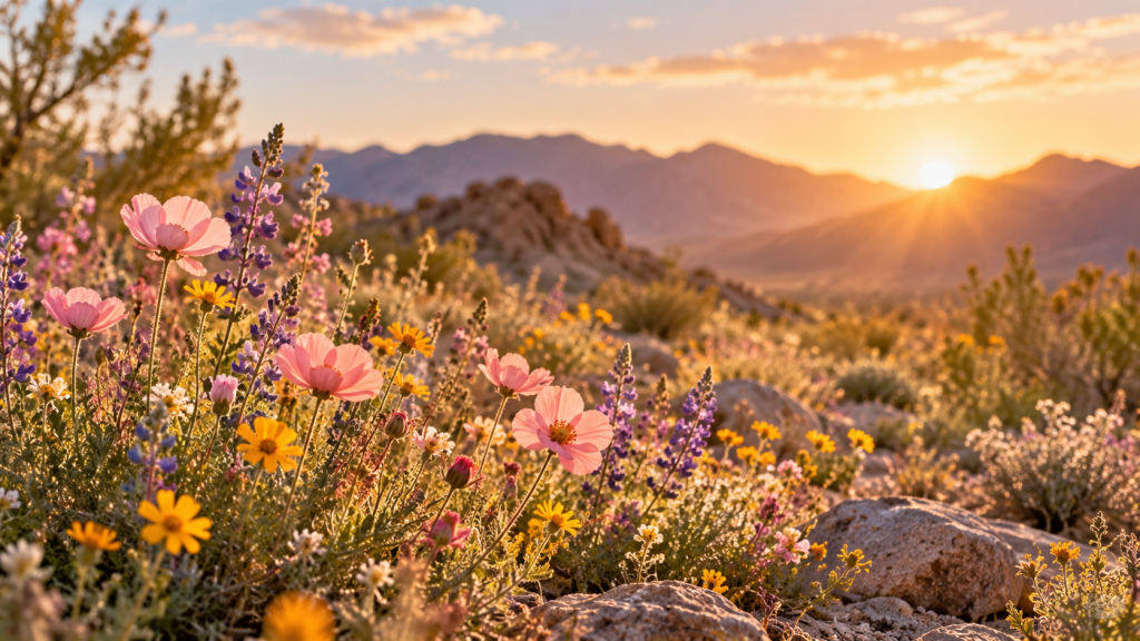 Colorful desert wildflowers blooming at sunset with mountians in the background